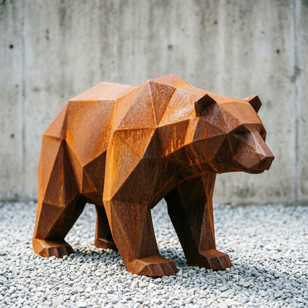 Готовая low-poly скульптура медведя из кортеновской стали