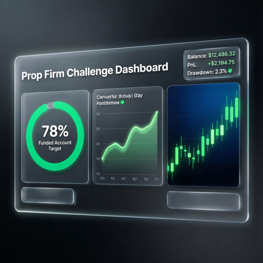 Prop Firm Challenge Dashboard showing funded account target progress