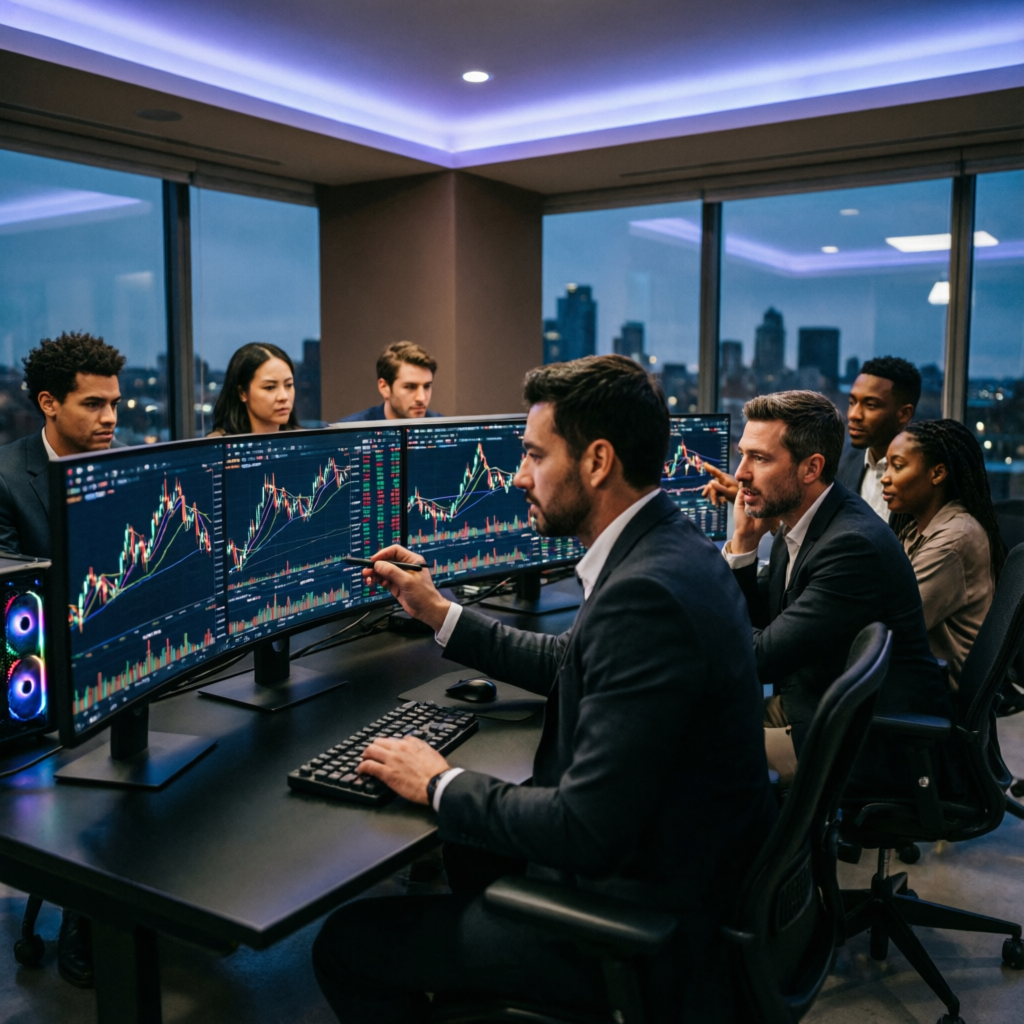 Professional trading team collaborating on forex strategies