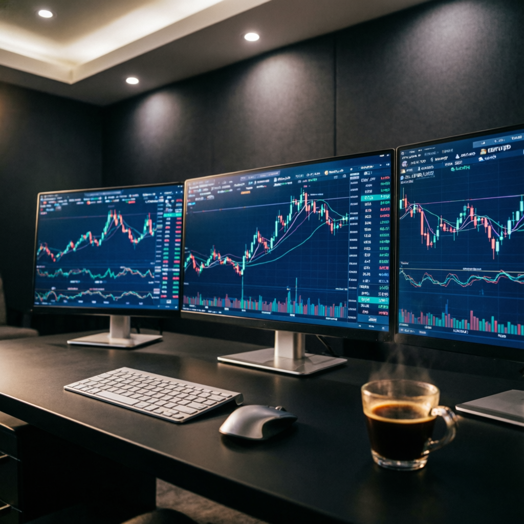 Professional forex trading analysis workspace with multiple screens