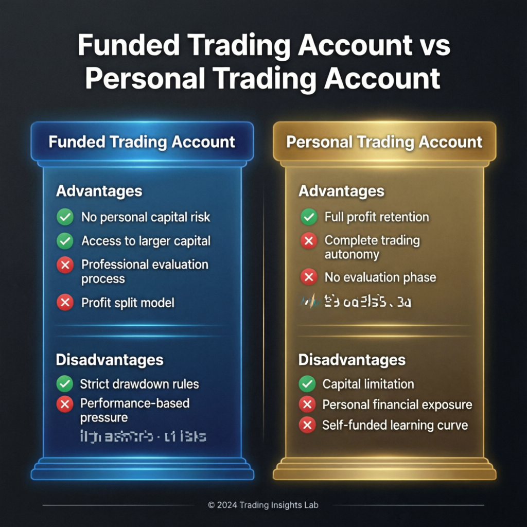 Comparison between funded trading account and personal trading account showing advantages and disadvantages