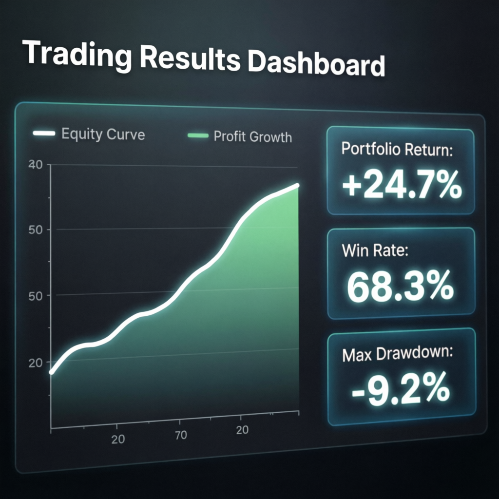 Trading Results Dashboard showing equity curve, portfolio return, win rate and max drawdown for PFM Capitals funded account management