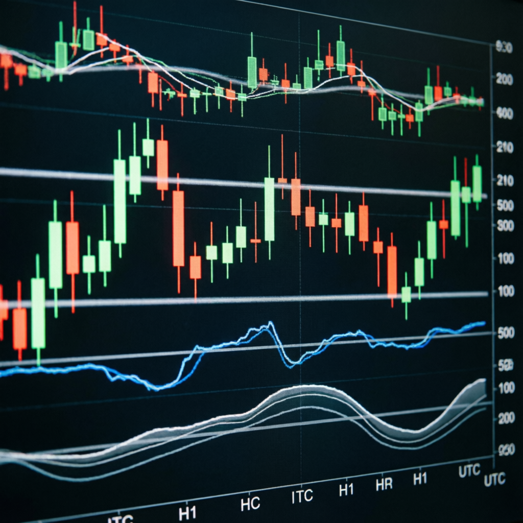 Professional forex trading chart showing candlestick patterns used in prop firms passing service strategies
