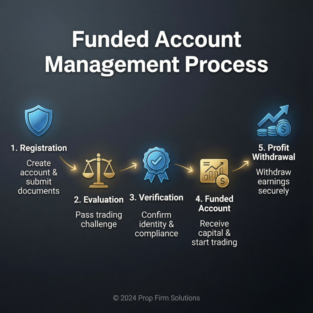 Funded Account Management Process infographic showing 5 steps from registration to profit withdrawal