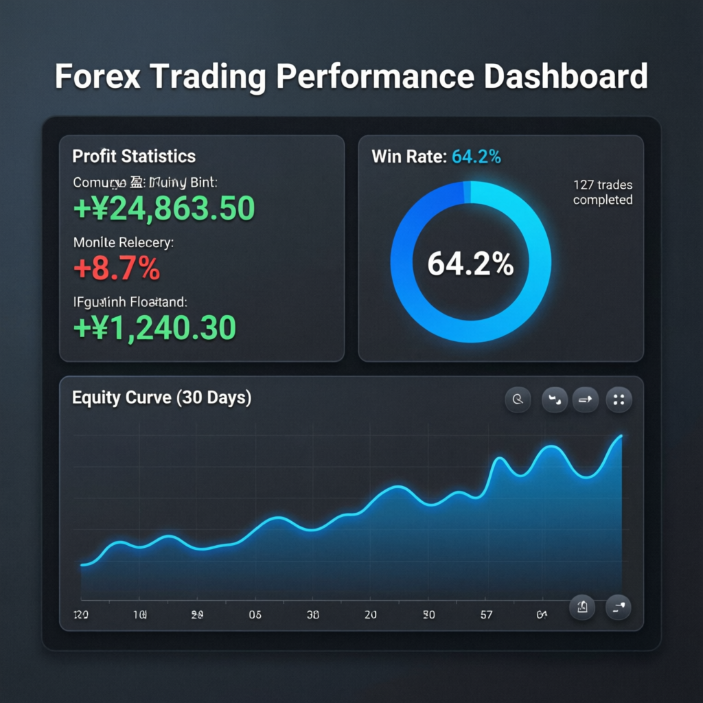 Forex trading performance dashboard with profit statistics and equity curve