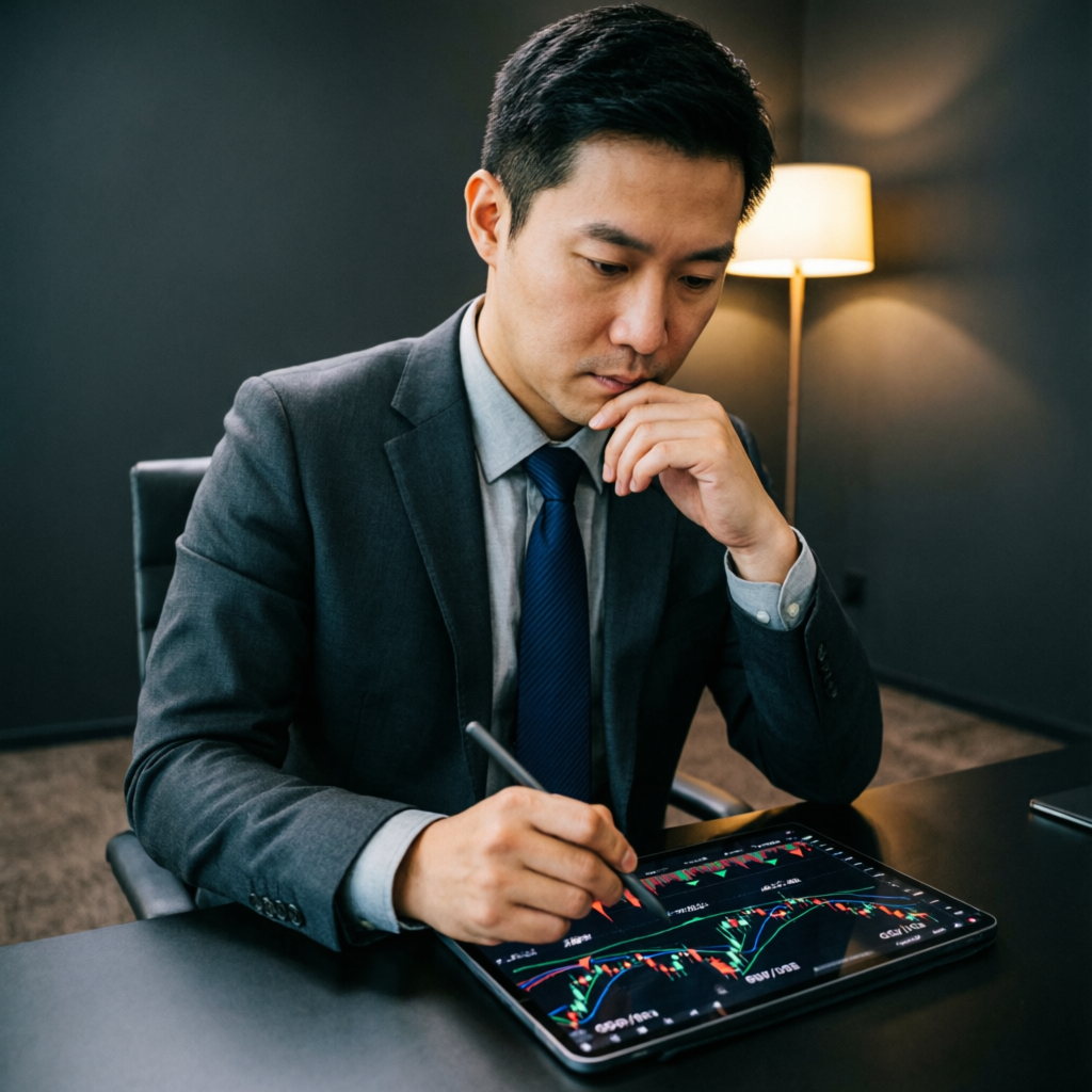 Professional forex trader analyzing multiple chart patterns on tablet for trading strategy planning