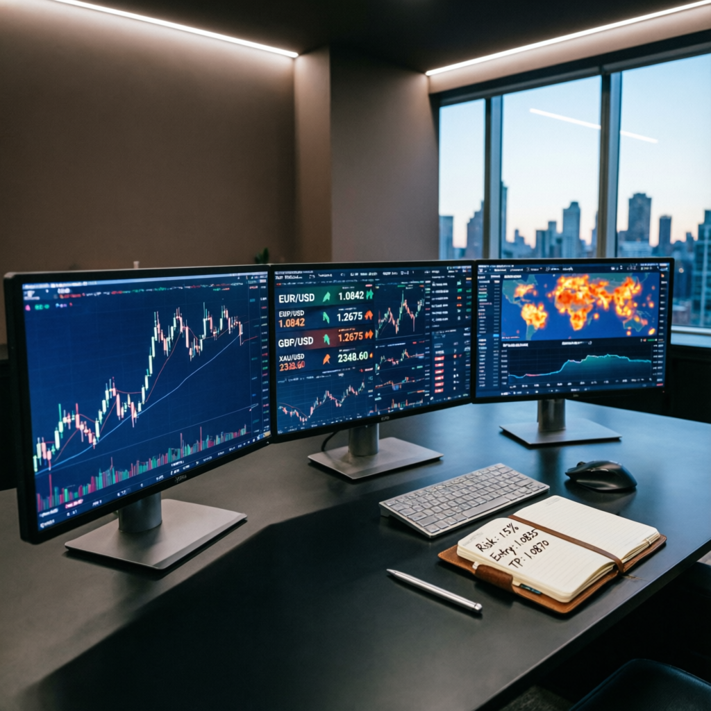 Professional forex trading desk with multiple monitors showing Moneta prop firm trading charts