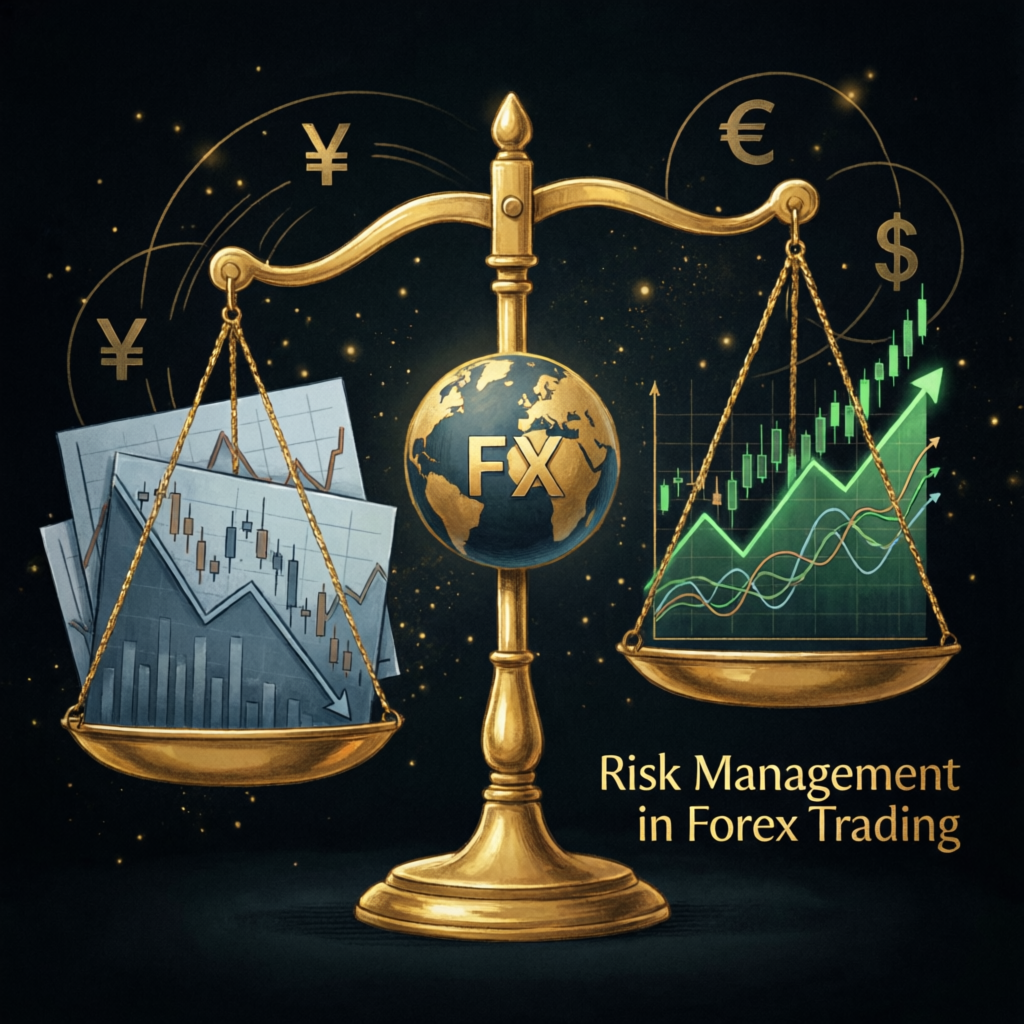 Risk management in forex trading concept with balance scale showing currency pairs and trading charts