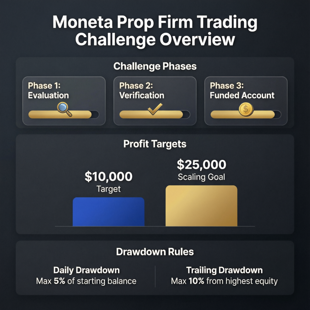 Moneta prop firm trading challenge overview showing phases, profit targets and drawdown rules