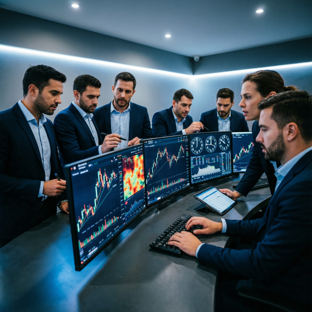 Team of professional forex traders collaborating in modern trading room at PFM Capitals