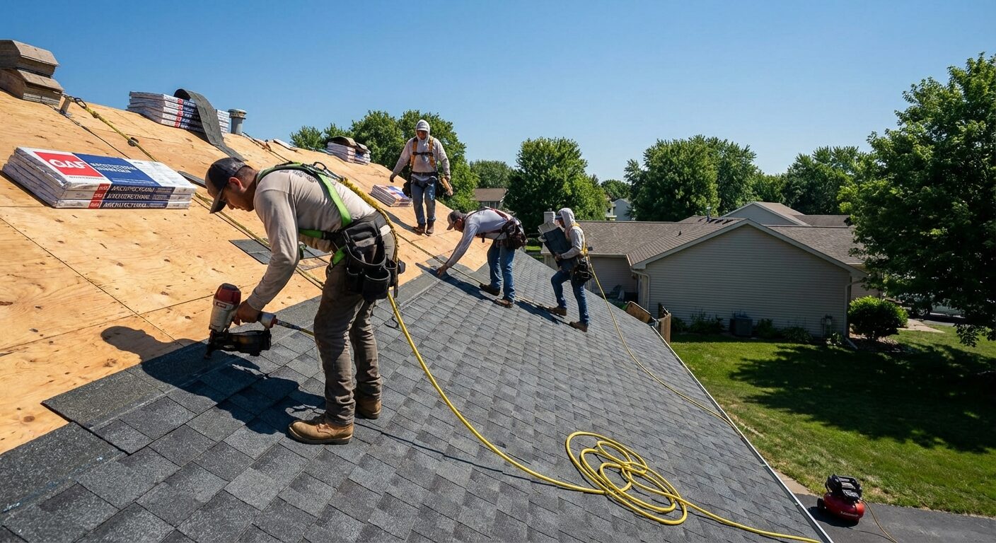 Roofing crew installing architectural asphalt shingles on a residential roof during a tear-off replacement