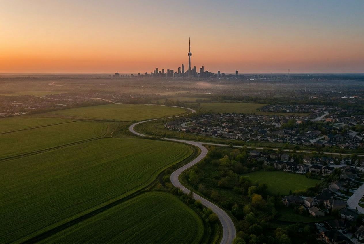 Aerial view of an established residential neighborhood at sunrise with a distant city skyline