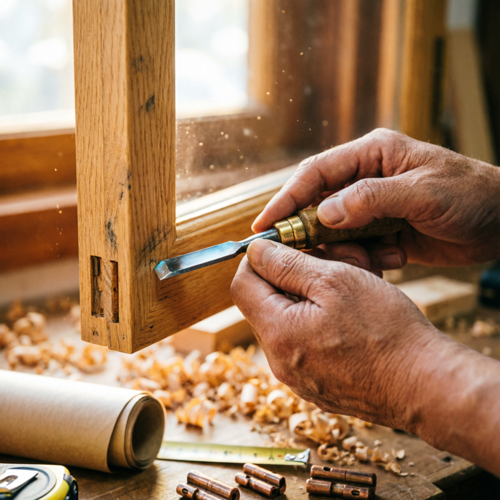 Artisan Labels Rénov ajustant une menuiserie bois avec précision