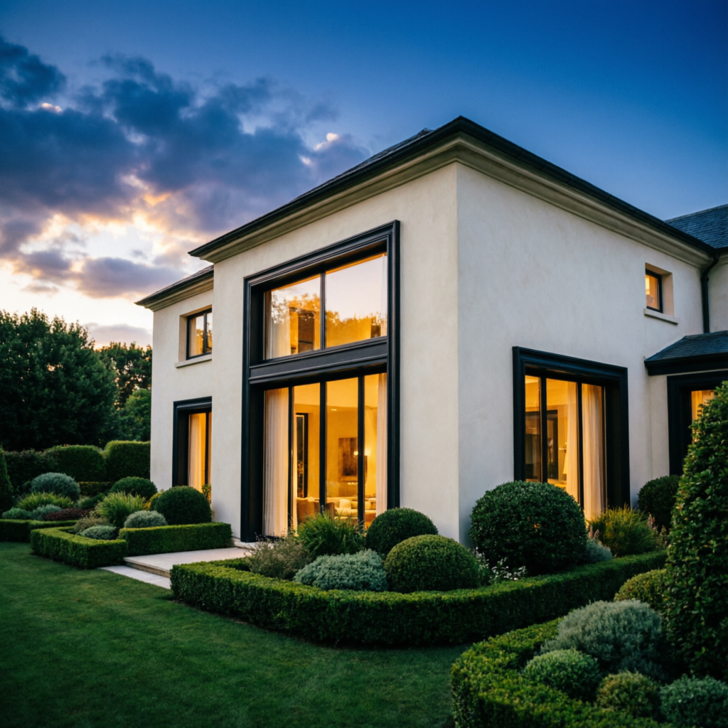 Maison rénovée par Labels Rénov au crépuscule, façade et menuiseries neuves