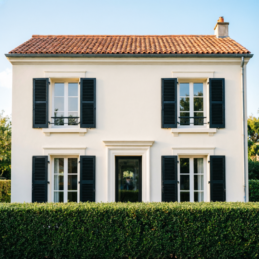 Façade entièrement rénovée : enduit neuf et volets sombres