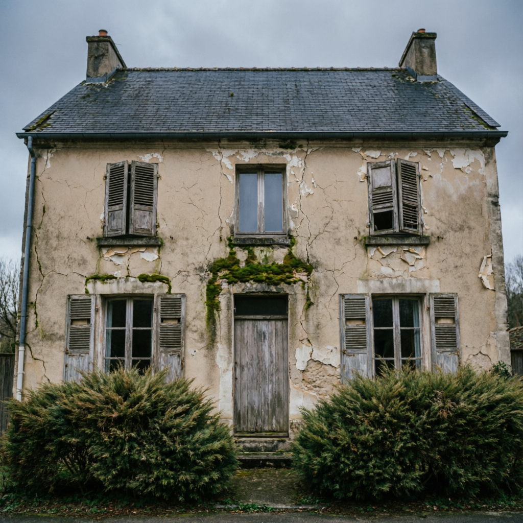 Façade avant rénovation, dégradée et fissurée