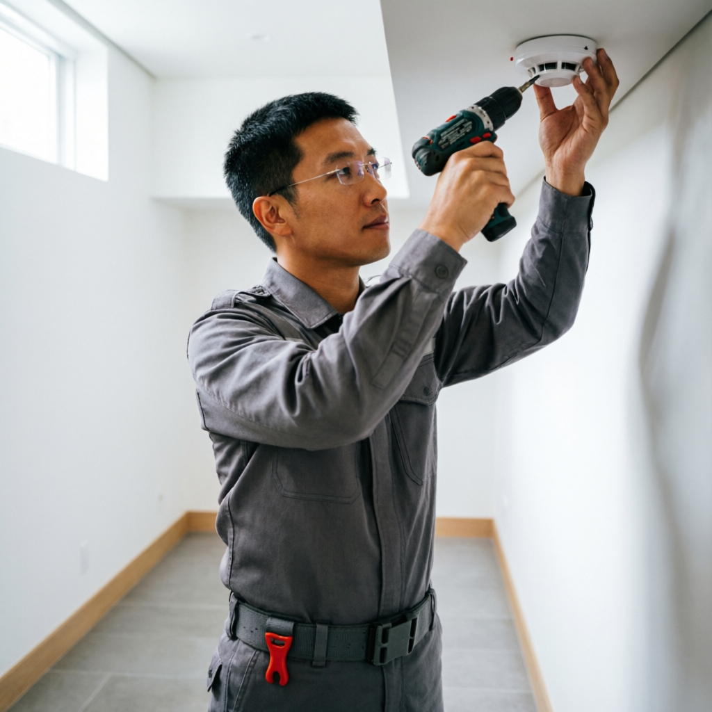 Técnico instalando detector en edificio
