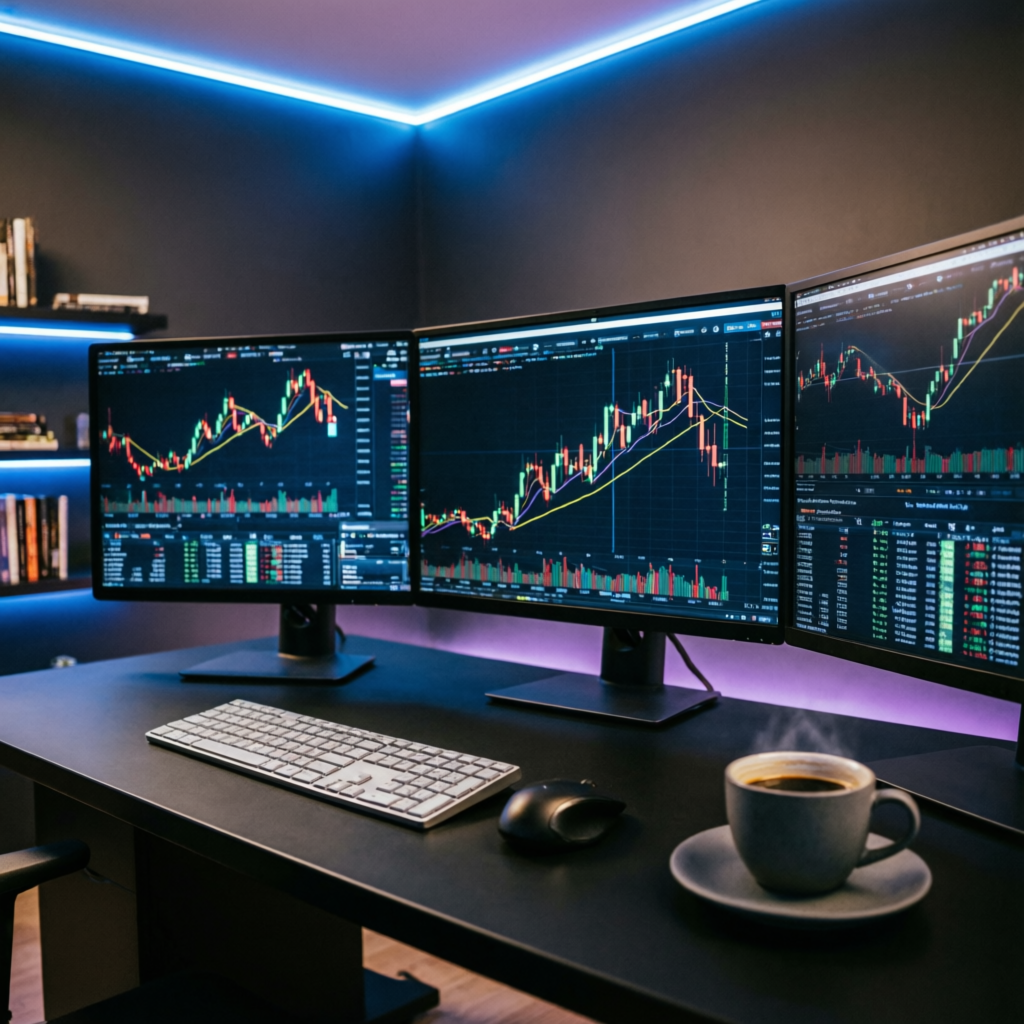 Professional trader workspace with multiple monitors for Apex Trader Funding