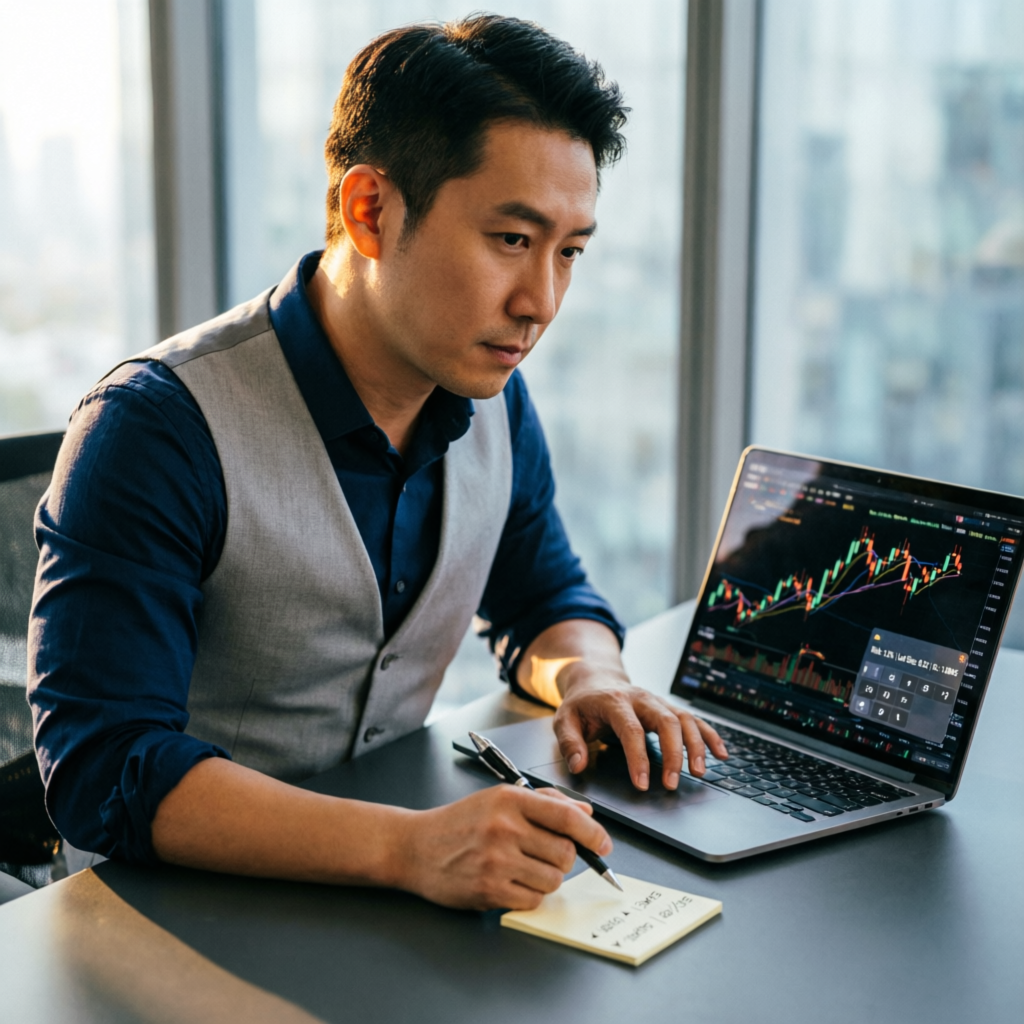 Forex trader analyzing charts with risk management calculator - PFM Capitals Prop Firm Passing Service
