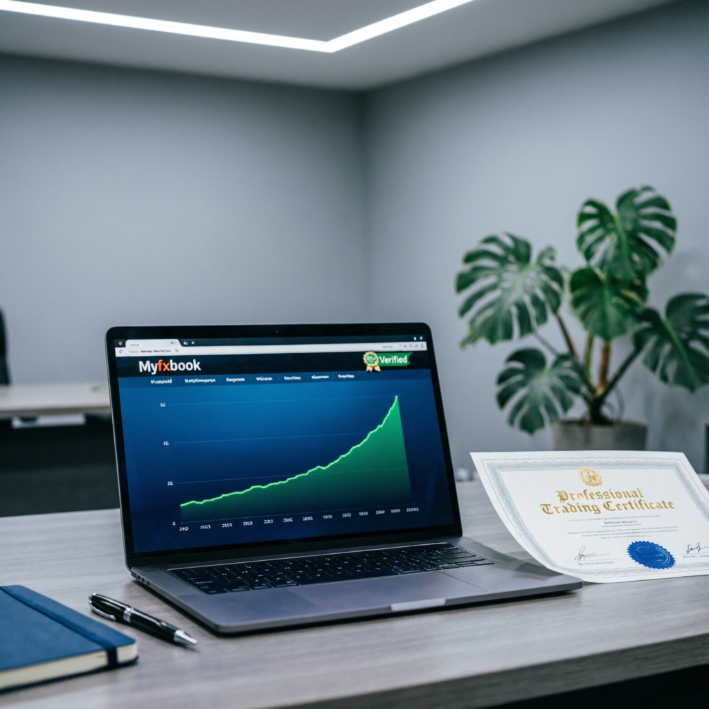 Myfxbook verified trading results showing green profit curve and professional trading certificate