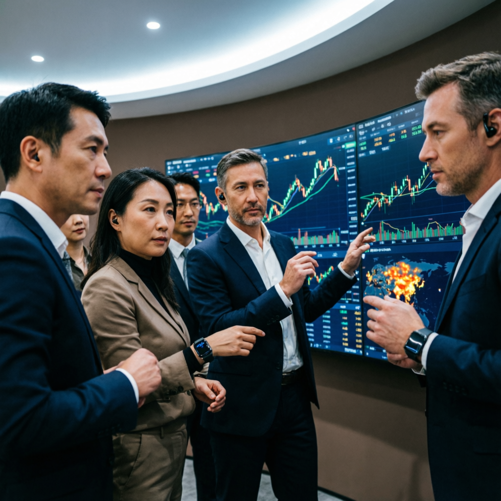 Professional financial advisors and traders collaborating in modern trading room