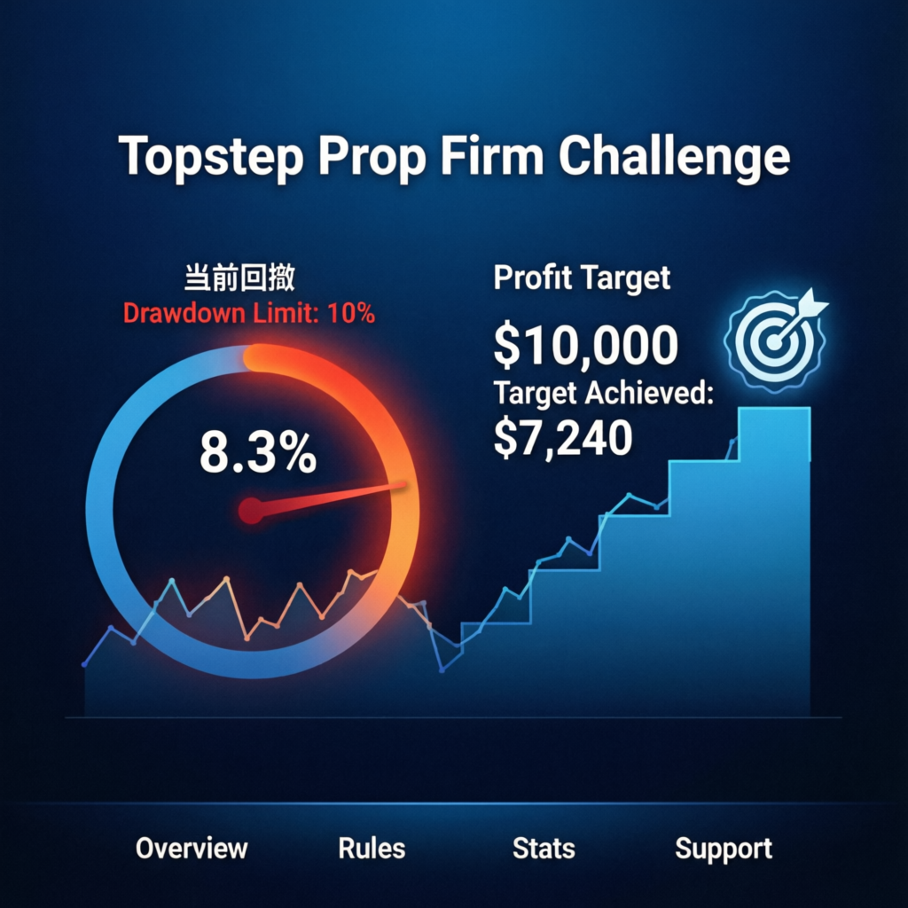 Topstep prop firm challenge dashboard showing drawdown limits and profit targets
