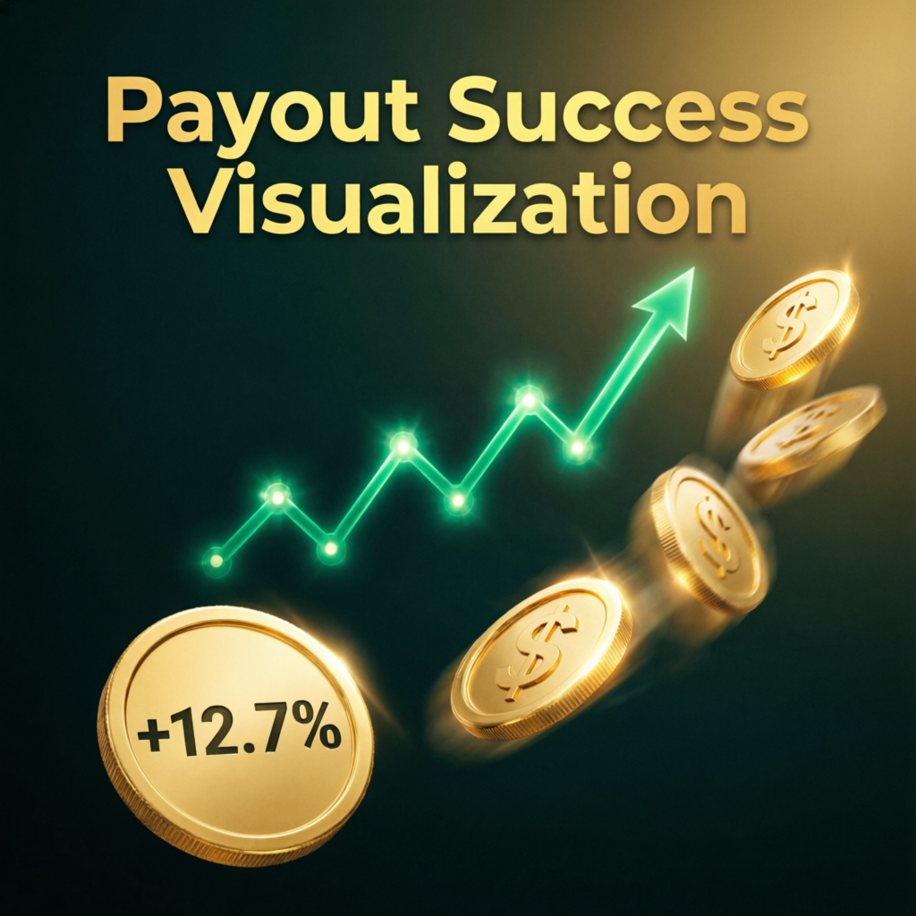Payout success visualization with growing profit chart and golden coins