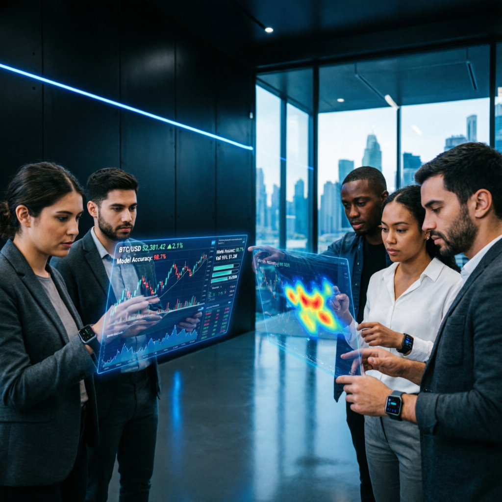 Team of professional traders collaborating with holographic trading displays