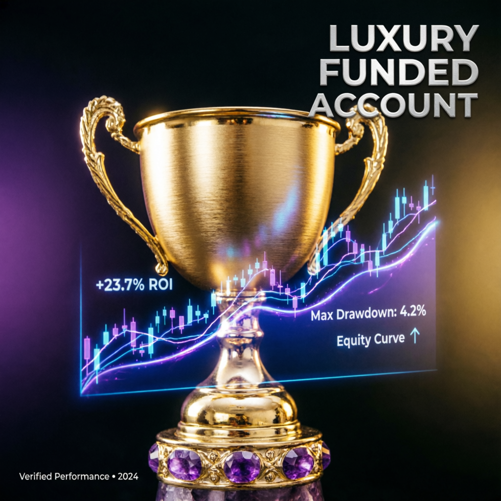 Luxury funded account success with golden trophy and trading charts