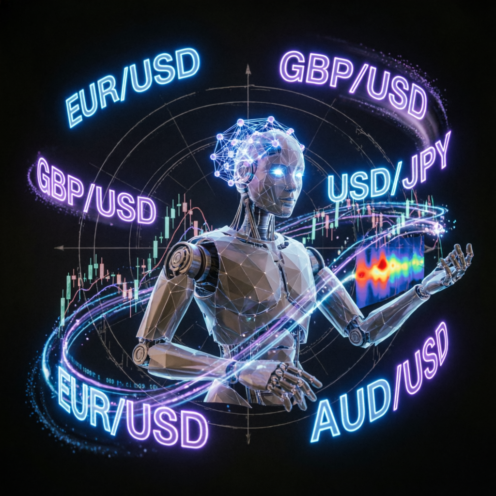 AI robot trading forex with multiple currency pairs and advanced algorithm visualization