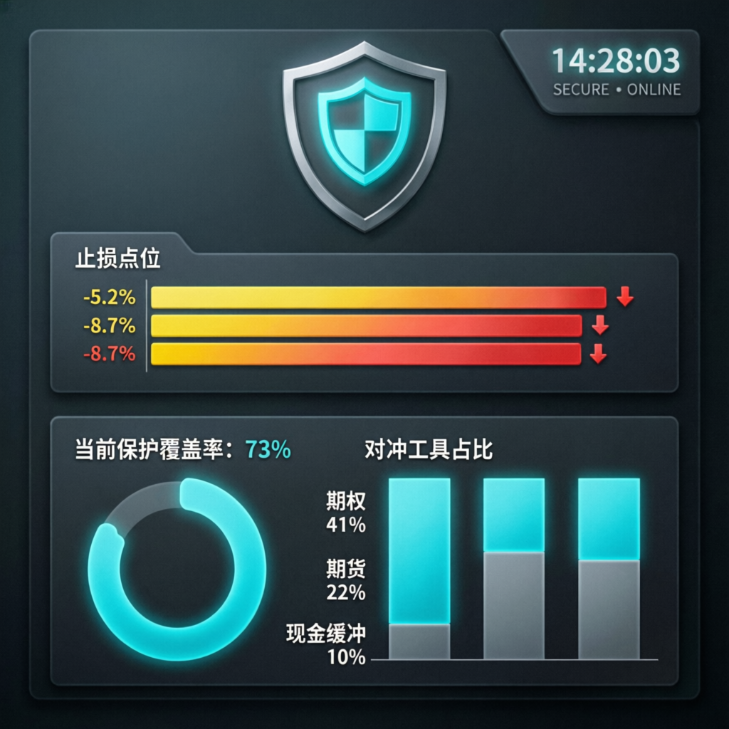 Risk management dashboard with shield icon and stop-loss indicators