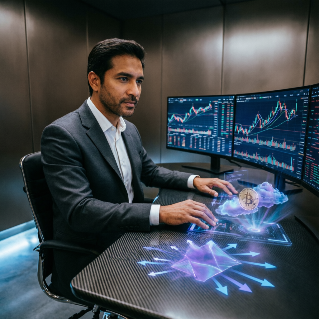 Professional trader using AI-powered multi-monitor setup for Apex Trader Funding evaluation