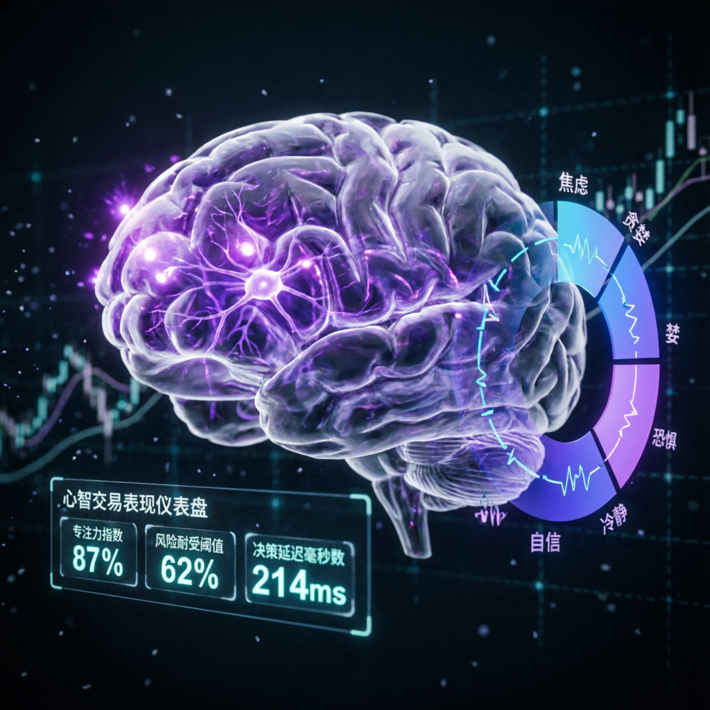 Trading psychology visualization with brain scan and emotional balance indicators