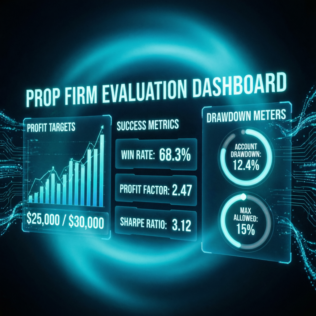 Prop Firm Evaluation Dashboard showing profit targets and success metrics for Apex Trader Funding