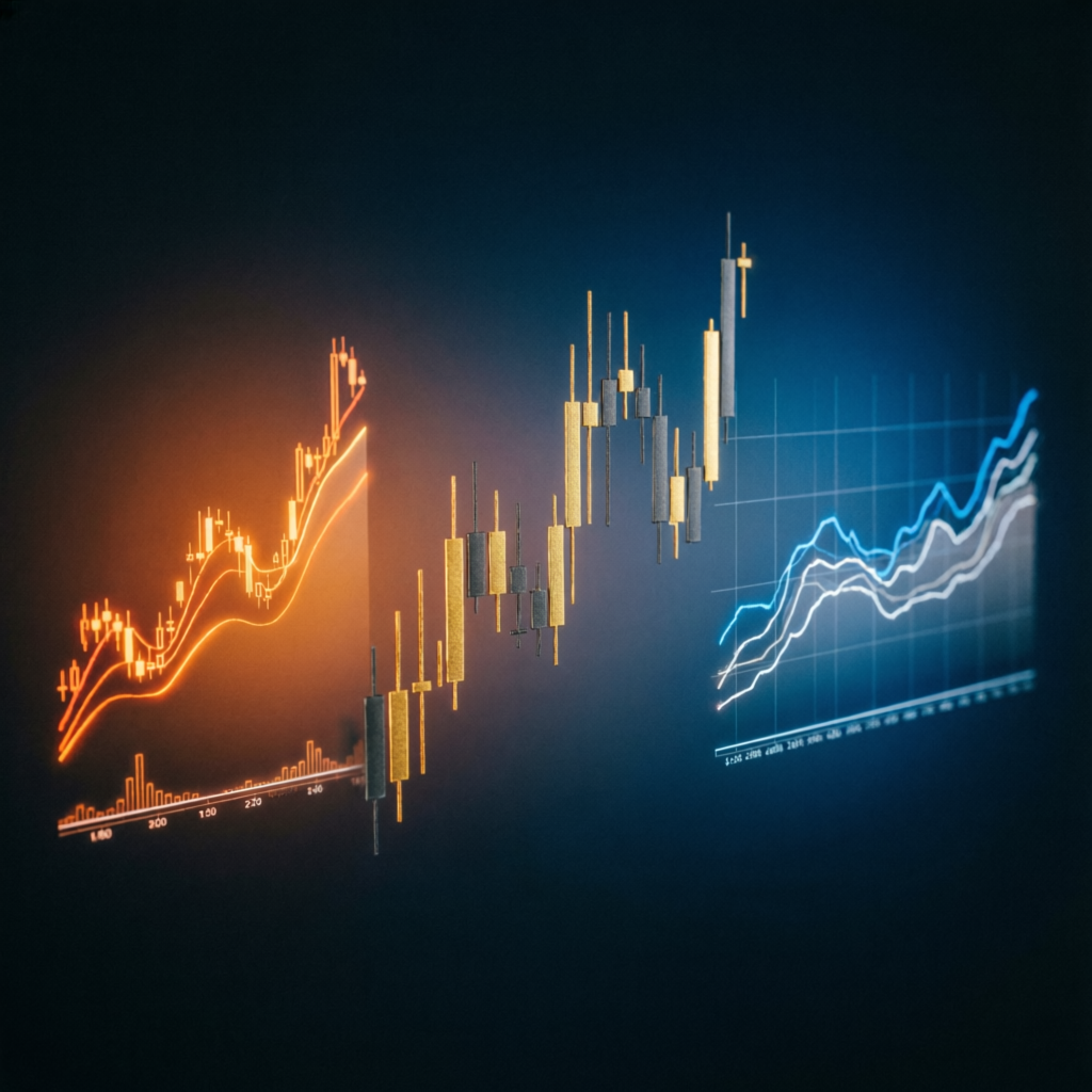 Futures trading visualization with commodity charts and candlestick patterns