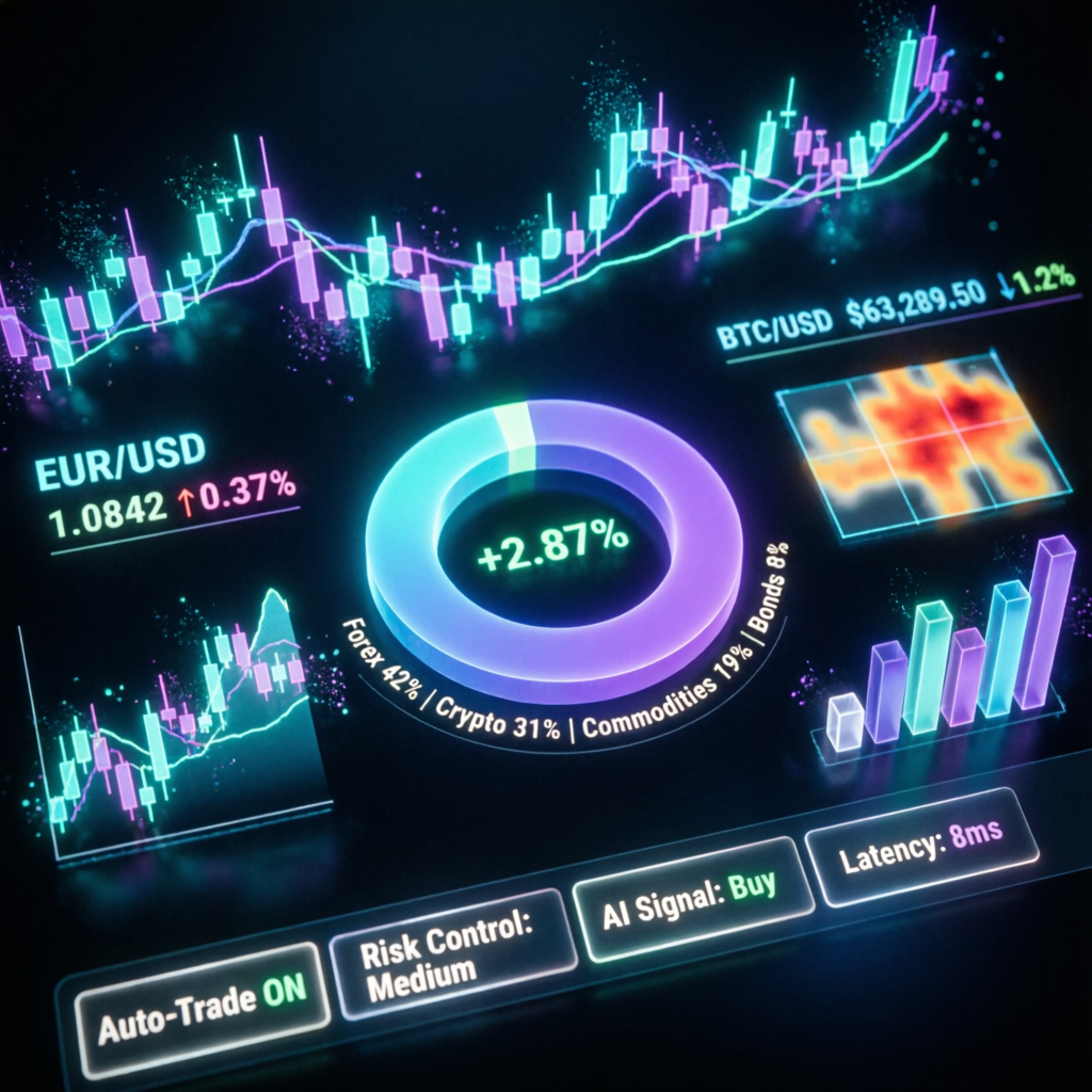 AI-powered trading dashboard showing Apex Trader Funding evaluation metrics with holographic financial charts