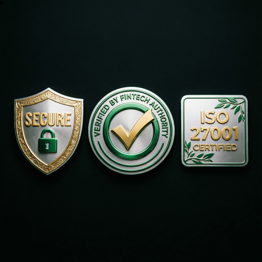 Premium trust badges and verification seals for financial services including secure and certified badges