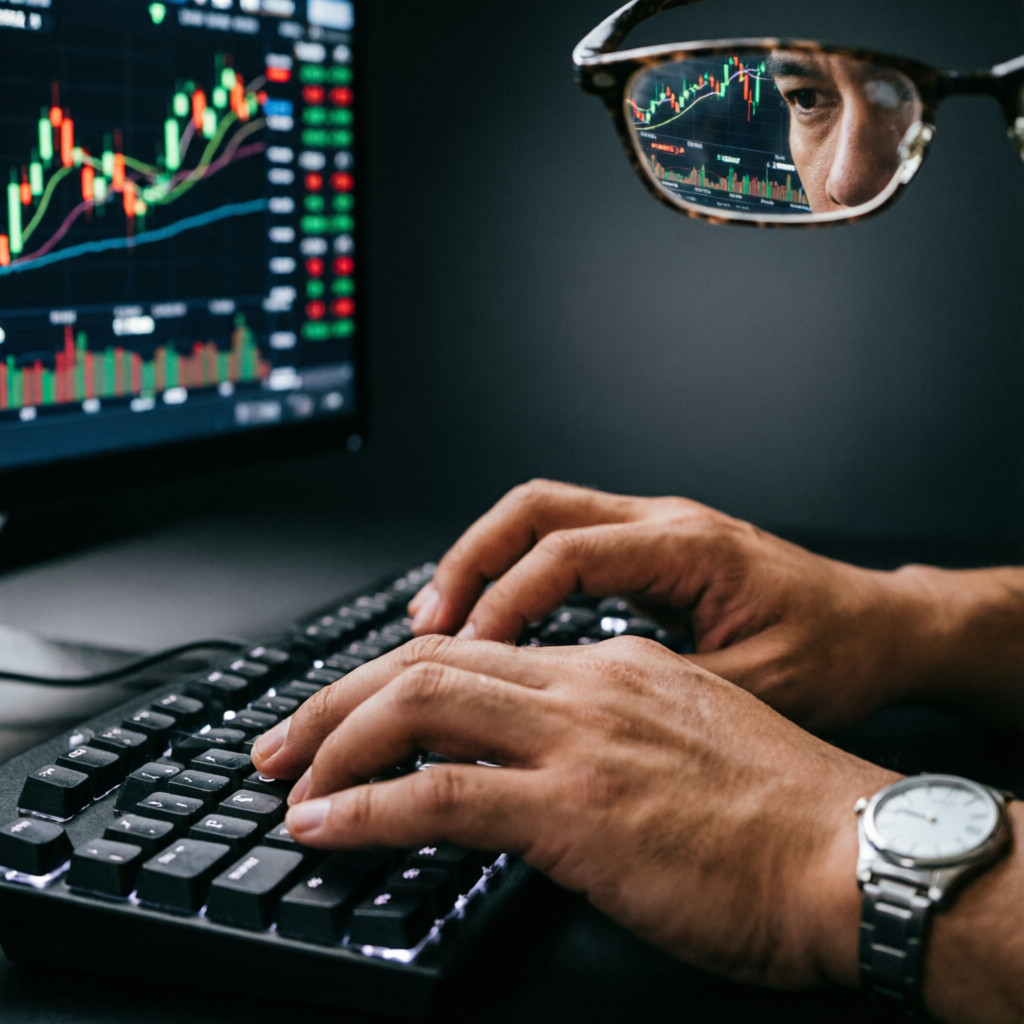 Close-up of professional trader analyzing candlestick charts for Apex Trader Funding consistency rule compliance