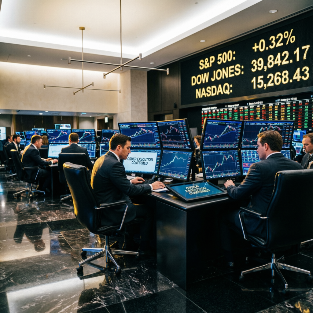 Wall Street trading floor with professional traders monitoring futures markets on multiple screens