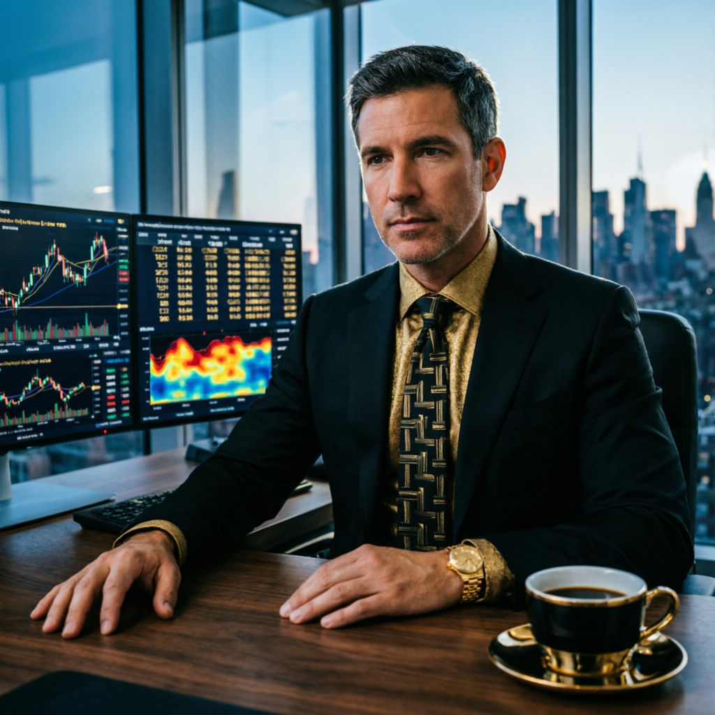 Professional forex trader analyzing Apex Trader Funding evaluation rules on multiple monitors in Wall Street office
