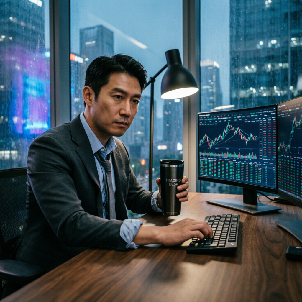 Professional trader working at trading desk with multiple monitors showing futures market data at night