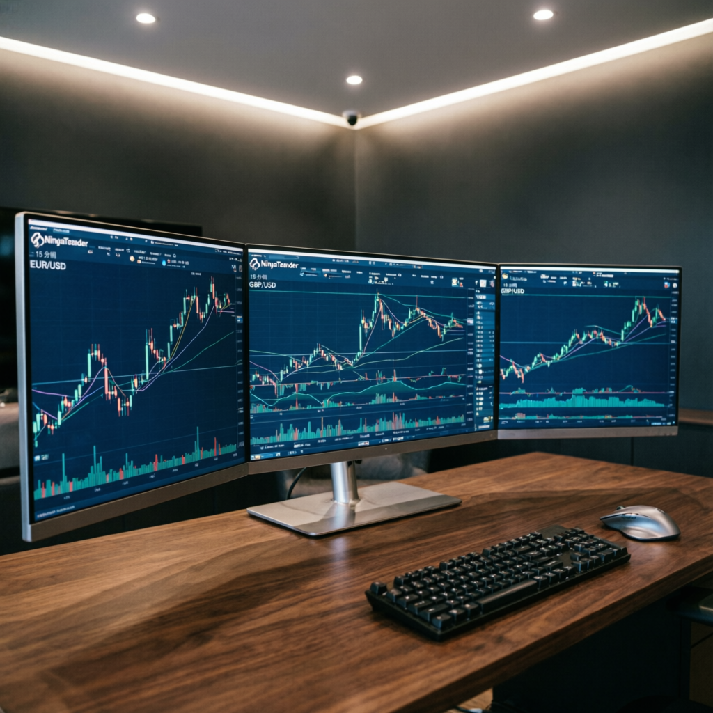 Professional forex trading setup with multiple monitors showing NinjaTrader platform and candlestick charts