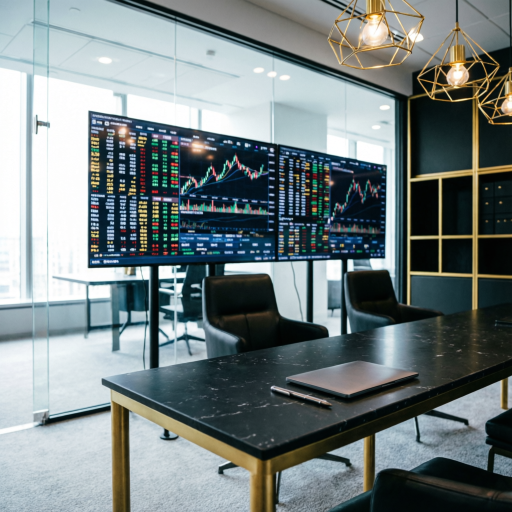 Modern prop trading firm office with glass walls and multiple trading screens displaying market data