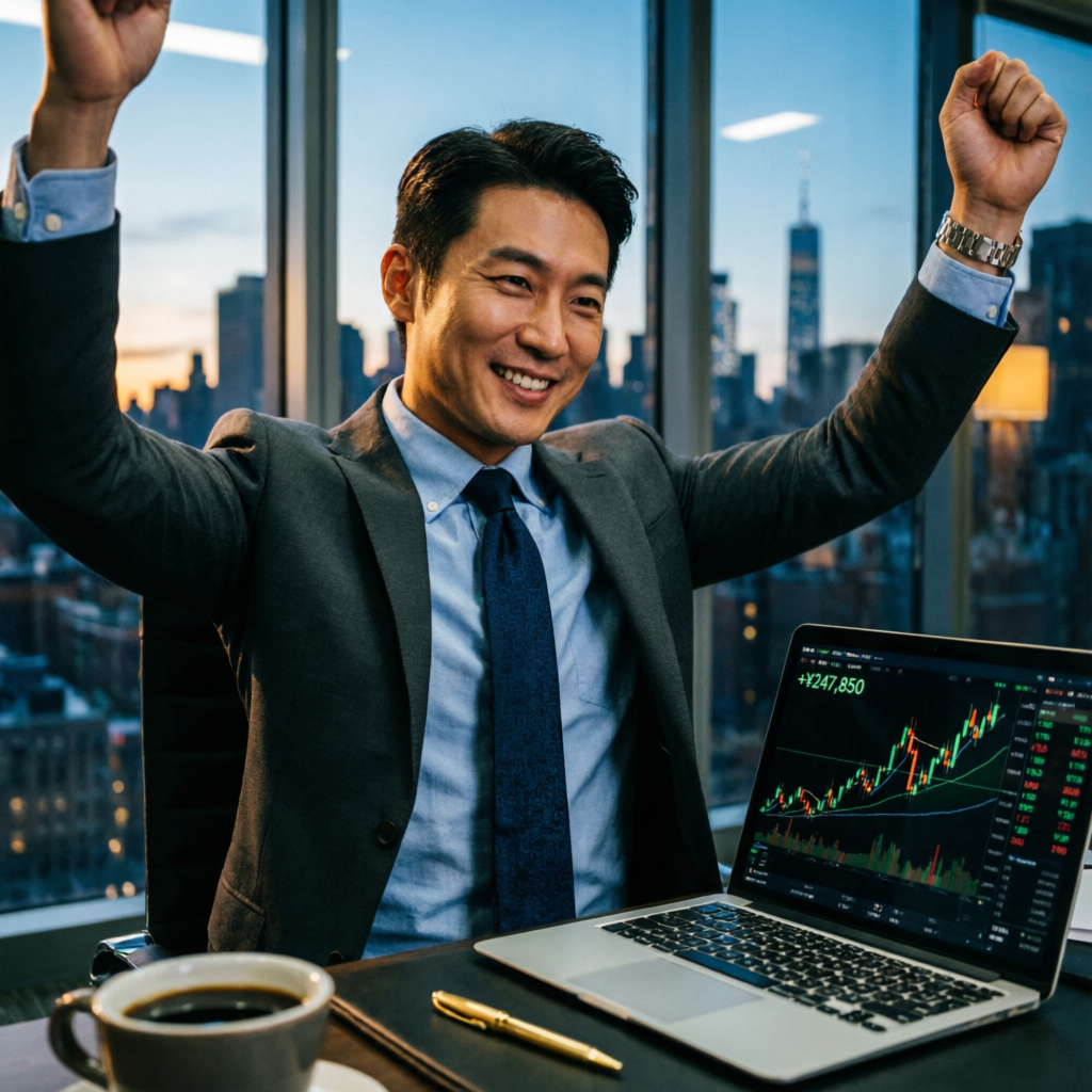 Successful trader celebrating profit with trading charts showing positive performance