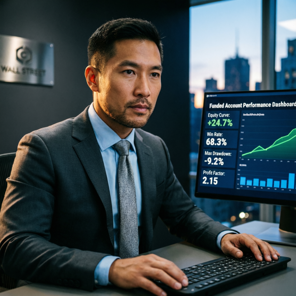Professional trader reviewing funded account performance dashboard with equity curve and win rate metrics