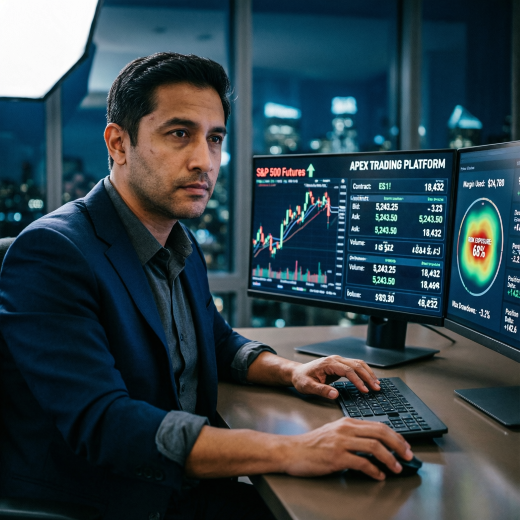 Professional trader analyzing Apex trading platform interface with S&P 500 futures data