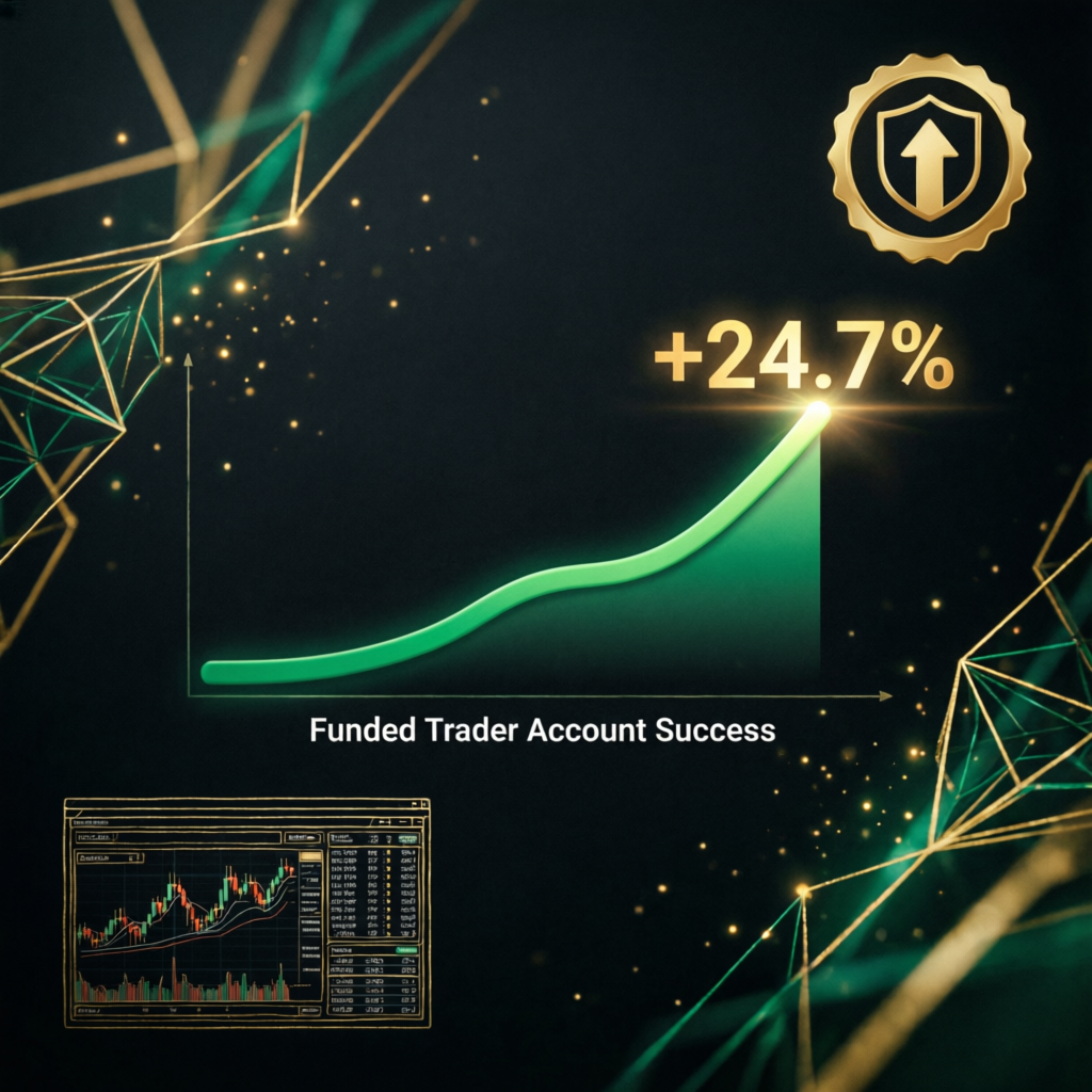 Funded trader account success showing +24.7% growth with professional trading achievement