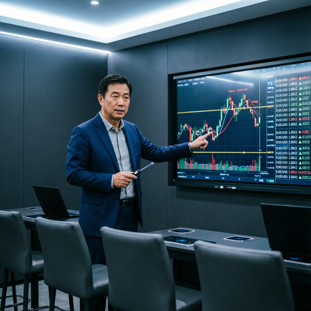 Professional trading education instructor explaining technical analysis on large screen