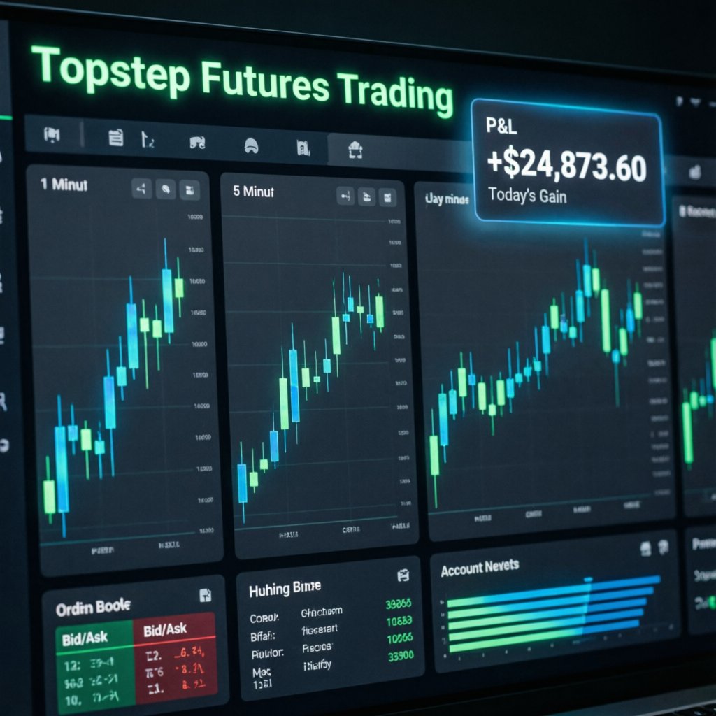 Topstep Futures Trading dashboard showing P&L of $24,873.60 with candlestick charts