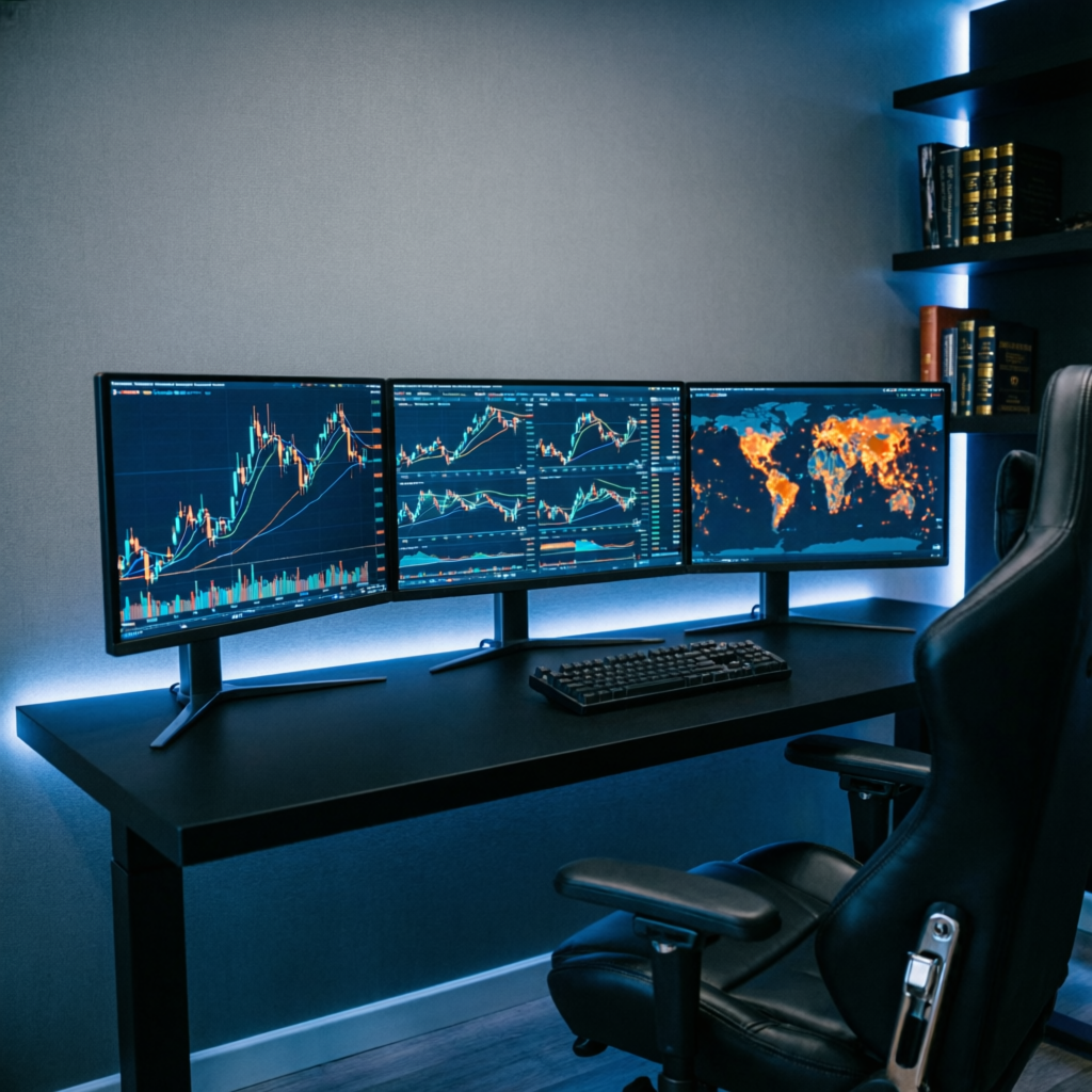 Professional trading workstation with multiple monitors showing charts and market data